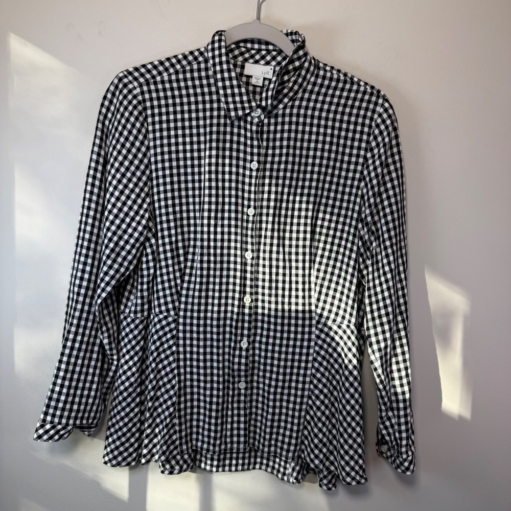 J. Jill Gingham Blouse Womens Medium Petite Black White Rayon Button Down Preppy
